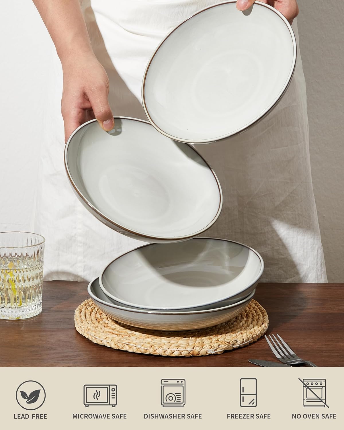 Pasta Bowls 30 oz, Terracotta Ceramic Plate Bowls for Kitchen, Microwave & Dishwasher Safe, Large Wide Serving Bowls for Salad/Soup/Noodle/Dessert, Moonstone White