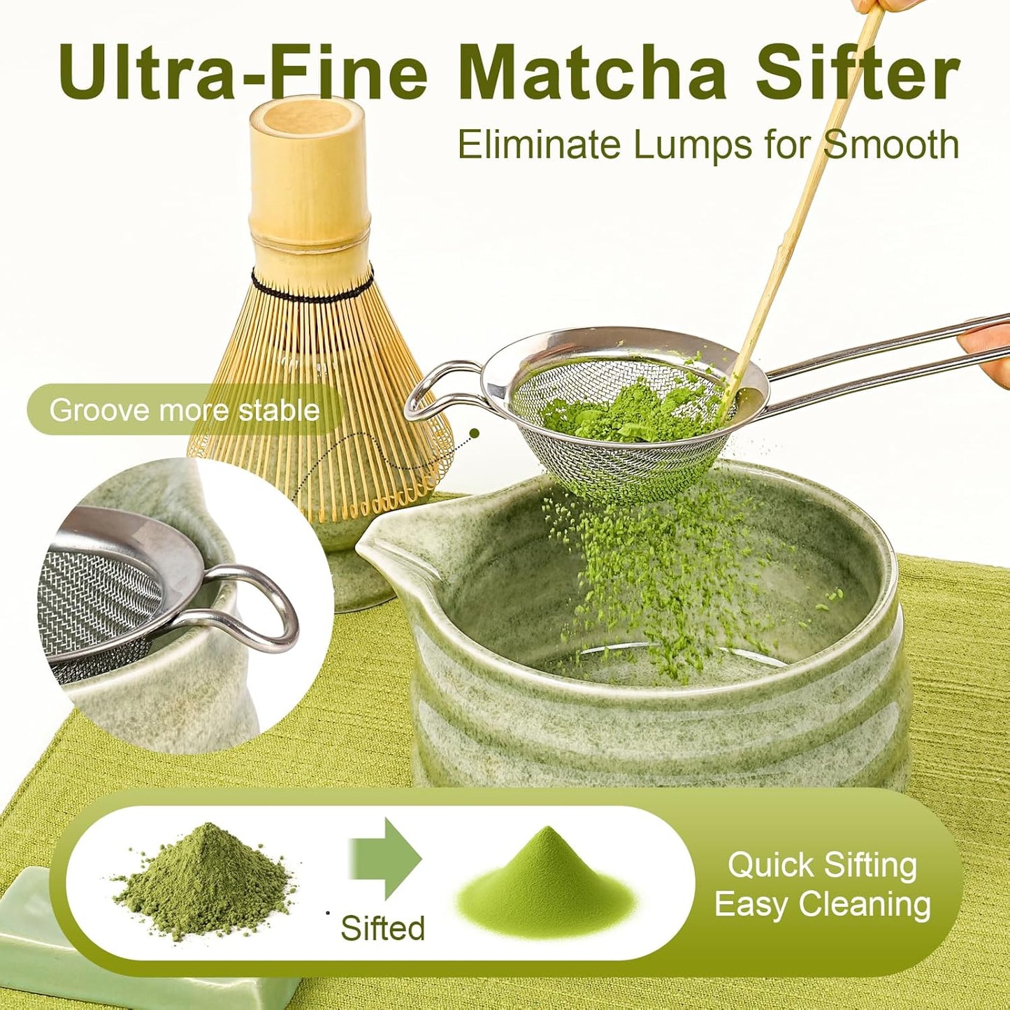 Matcha Whisk Set, 7Pcs Matcha Set - Matcha Bowl with Spout, Handcrafted Bamboo Whisk & Ceramic Holder, Steel Sifter, Towel, Matcha Kit for Tea Ceremony, Timeless Ideal Gift (Speckled green)