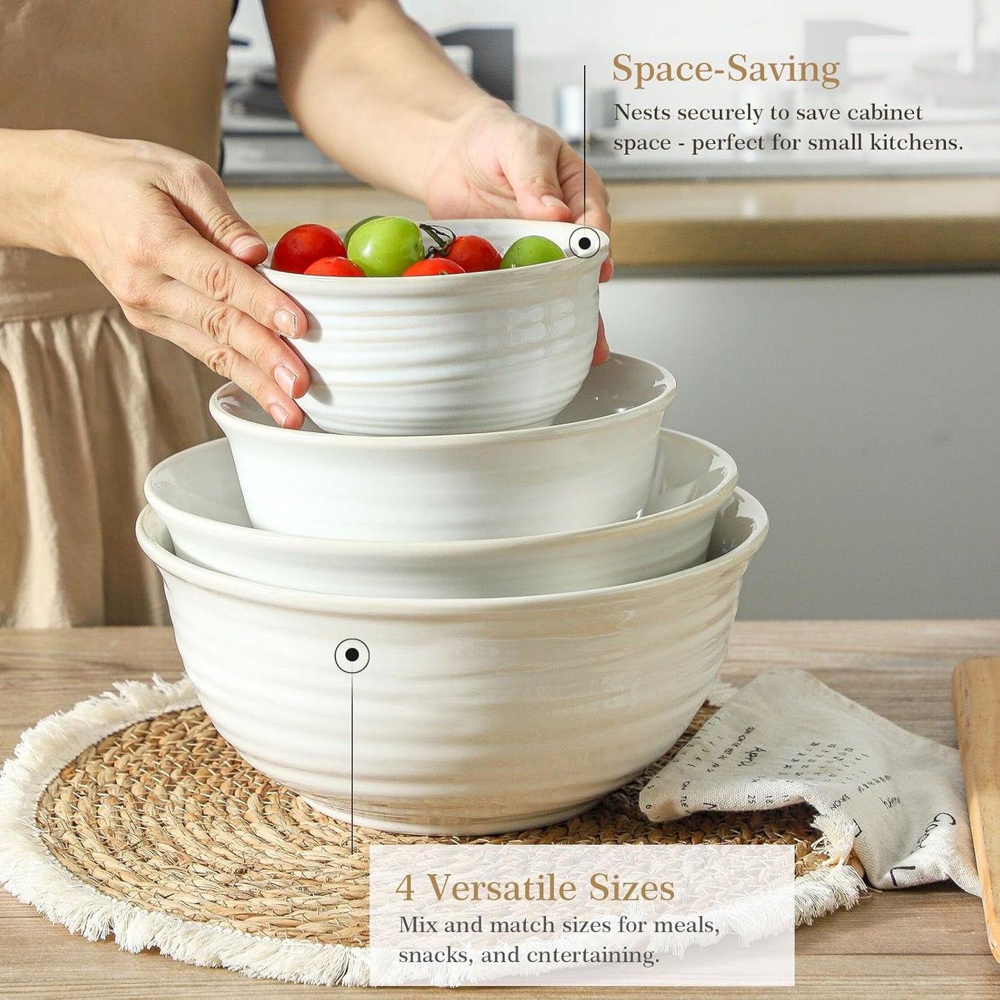 Hasense Porcelain Mixing Bowls, 2.8/2.1/1.0/0.5 Qt, Handmade Large Salad Serving Bowls for Kitchen, Deep Nesting Dishes for Cooking and Baking, Microwave Dishwasher Safe, Clay-Infused White