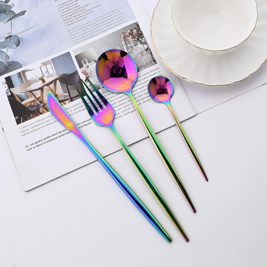 Silverware Set – 20 Piece Family Dinnerware Set – Flatware Set Service For 4 – Rainbow Tableware Sets – Cutlery Great For Family Gatherings & Daily Use – Spoons, Knives, Forks