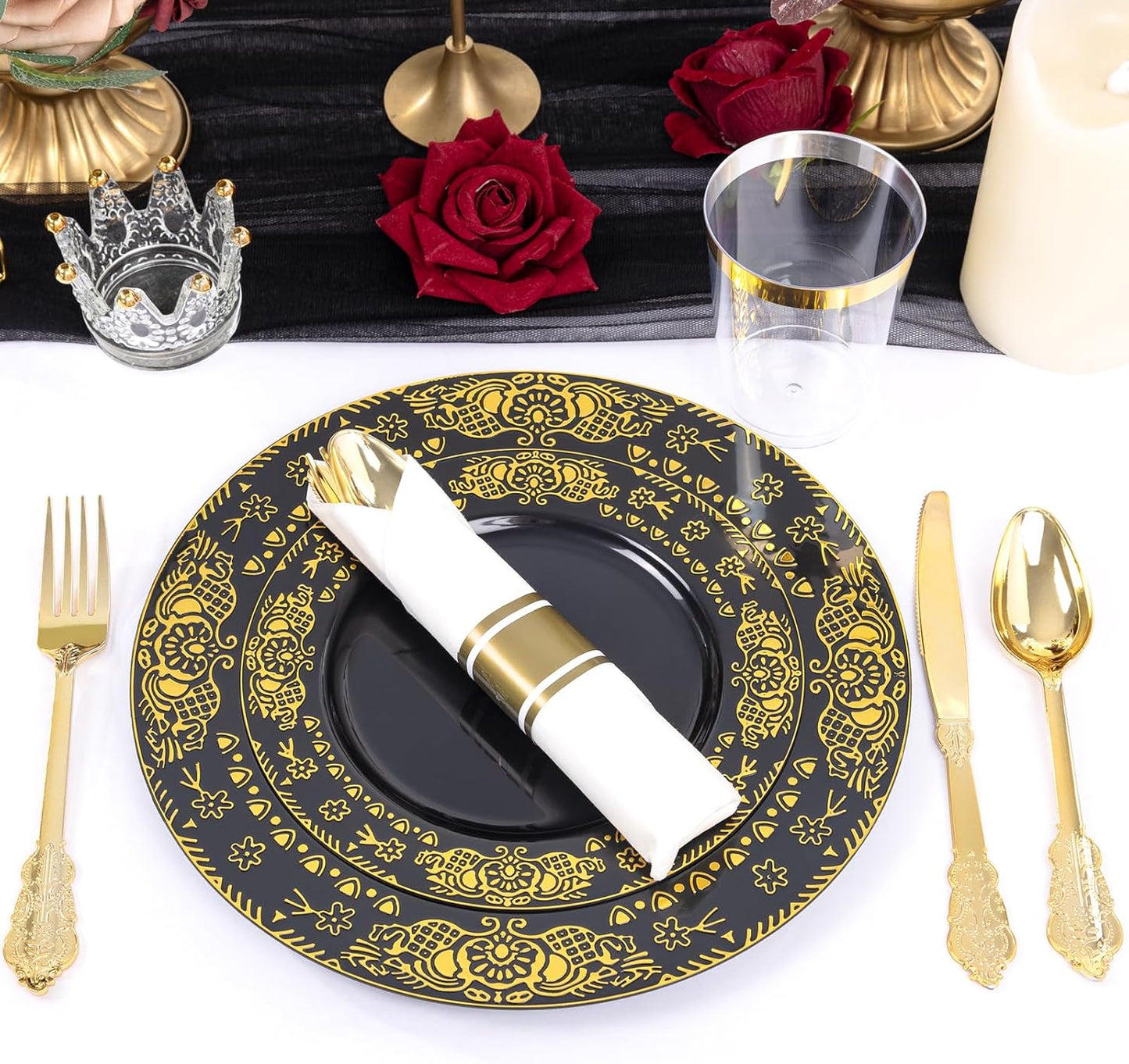 GATHER 350PCS Black and Gold Plastic Plates - Gold Disposable Dinnerware Set Include 50 Dinner Plates, 50 Dessert Plates, 150 Gold Plastic Silverware, 50 Napkins, 50 Cups for Wedding & Halloween