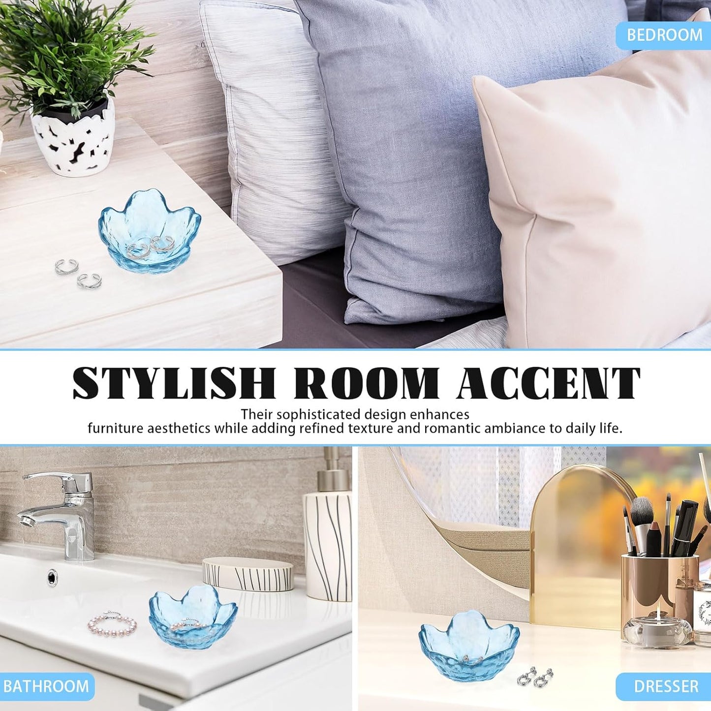 4 Pack Ring Dish Jewelry Tray, Small Glass Trinket Dish, Decorative Aesthetic Ring Holder Plate Bowl for Women Ring Earring Bracelet for Vanity Nightstand (Crystal Blue)