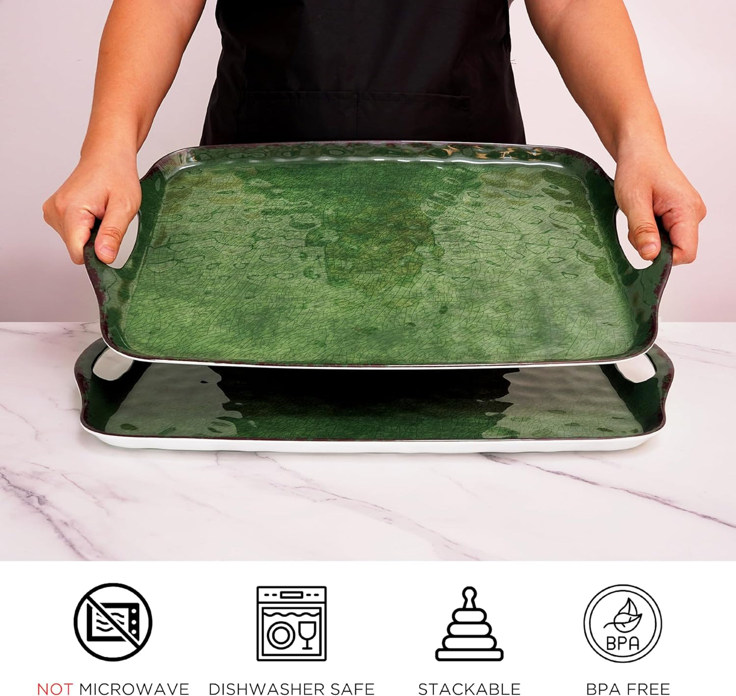 TP Serving Trays with Handles, 17 Inch Large Rectangular Melamine Serving Platter Set of 2, Retro Green