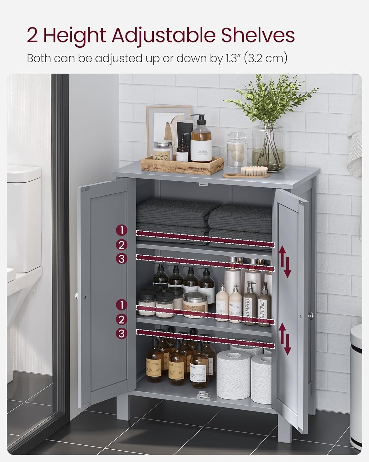 VASAGLE Floor Storage Cabinet, Freestanding Storage Unit with 2 Adjustable Shelves, for Bathroom Living Room Dining Kitchen, 11.8 x 23.6 x 31.5 Inches, Dove Gray UBCB060P36