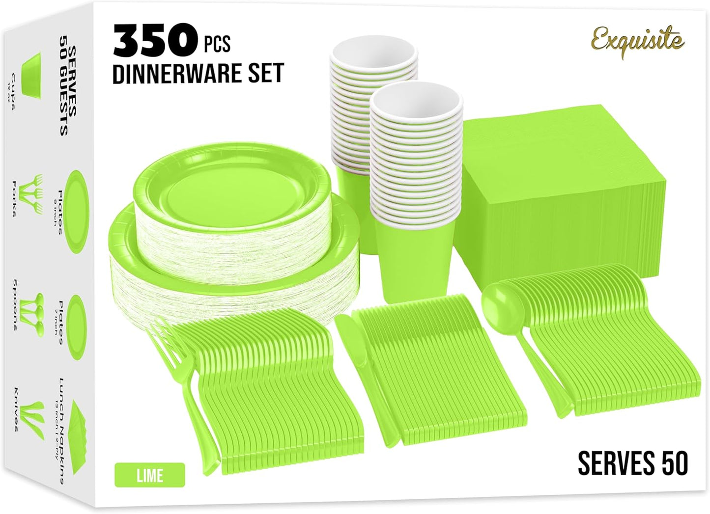 Exquisite 350 Pcs Lime Paper Plates For Party, Lime Disposable Plates Set, 50 Of Each 9" Dinner Plate Set, 7" Dessert Plate, Cups, Napkins & Cutlery Paper Dinnerware