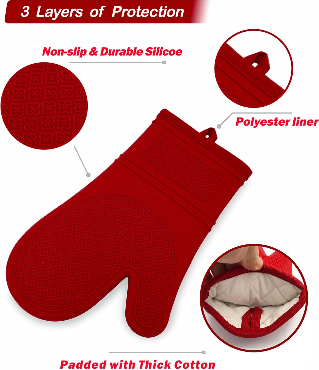 Yutat Silicone Oven Mitts, Oven Gloves with Non-Slip Silicone, 600 Degree Heat Resistant, Soft Cotton Lining, Waterproof and BAP-Free, Oven Mitts for Cooking and Baking - 1 Pair 12 Inch Red