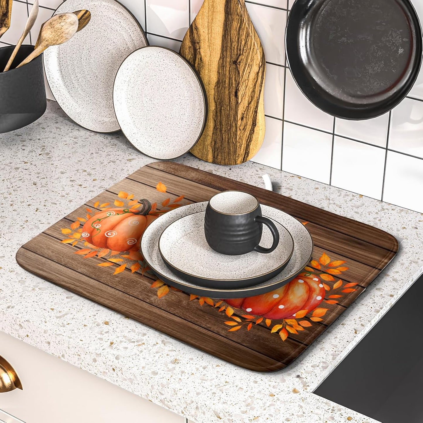 Autumn Pumpkin Dish Drying Mat Rustic Wood Dish Drainer Mats Fast Dry Microfiber Reversible Dish Drying Pad Kitchen Decoration 16x18 inch