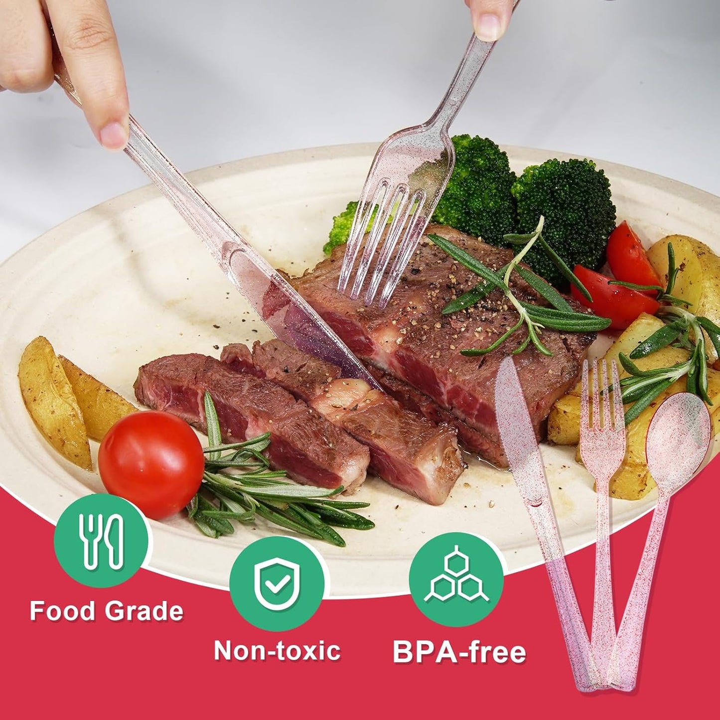 180PCS Rose Gold Plastic Silverware Set, Disposable Glitter Gold Cutlery, Flatware Set, 60 Forks, 60 Spoons, 60 Knives, Valentine's day Fancy Party Utensils