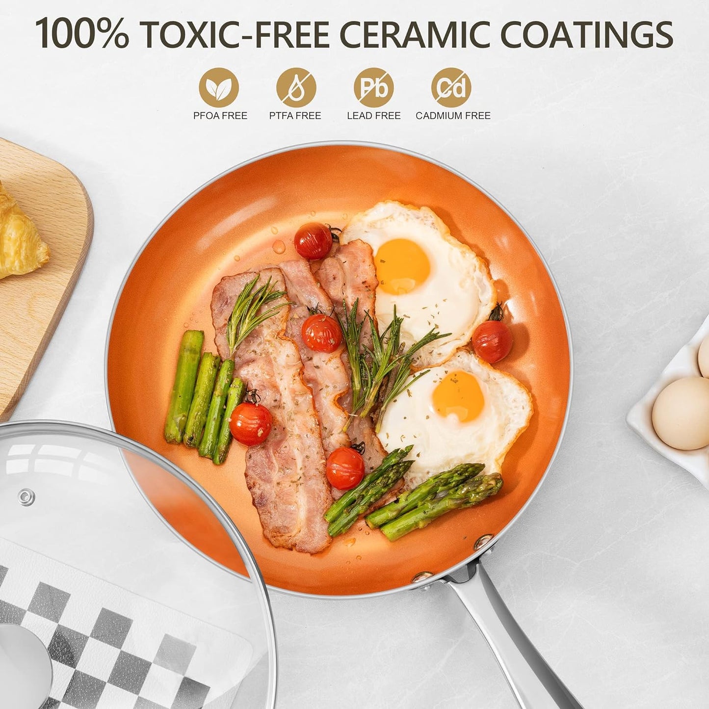 MICHELANGELO 12 Inch Frying Pan with Lid, Nonstick Copper Frying Pan, Non Stick Ceramic Skillet with Lid, Large Copper Pan Non-Stick, Induction Compatible