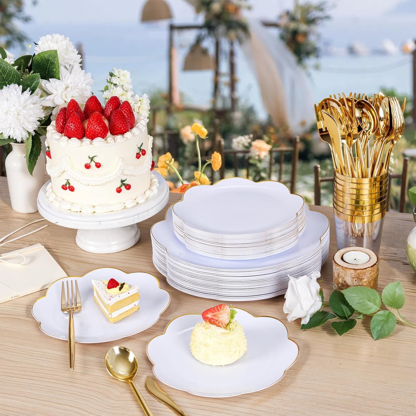 EI 180pcs White Plastic Plates with Gold Plastic Silverware,Heavy-Duty Disposable Plates for Party,White Dinnerware Set for 30 Guest Wedding,Birthday