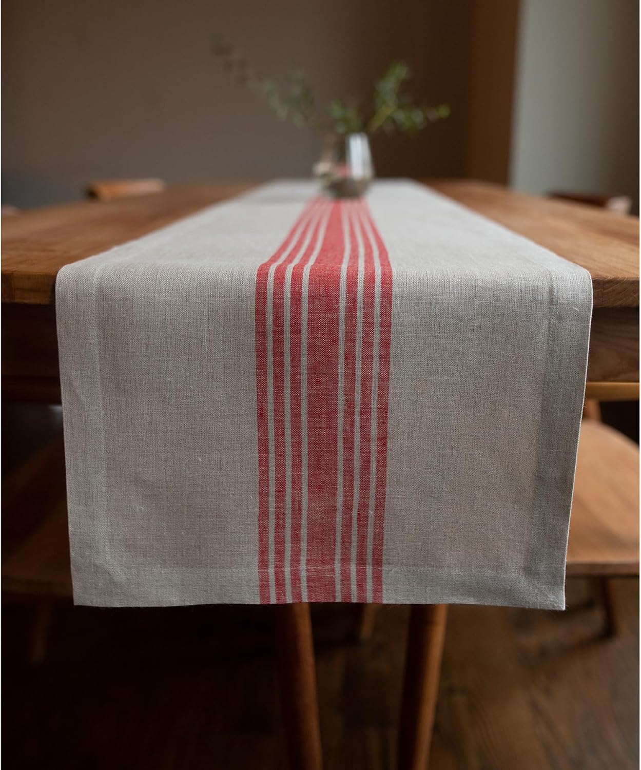 Solino Home Linen Table Runner 108 Inches Long - 100% Pure Linen Farmhouse Red and Natural Table Runner 14 x 108 Inch Ideal for Dining, Fall, Autumn, Christmas, Holiday