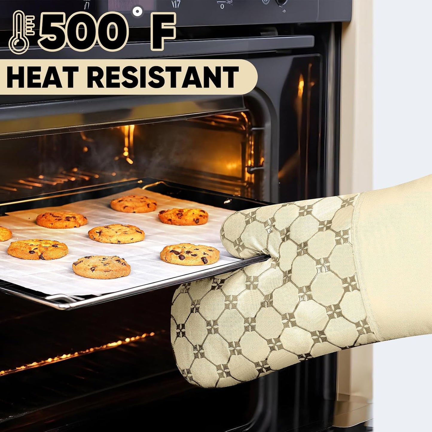 Oven Mitts Kitchen Towels Dishcloths with Pot Holders Sets 12PCS, Dish Towels Sets, Oven Gloves Pot Pads Heat Resistant 500 Degrees with Non-Slip Silicone Surface for Cooking Baking Grilling-Beige