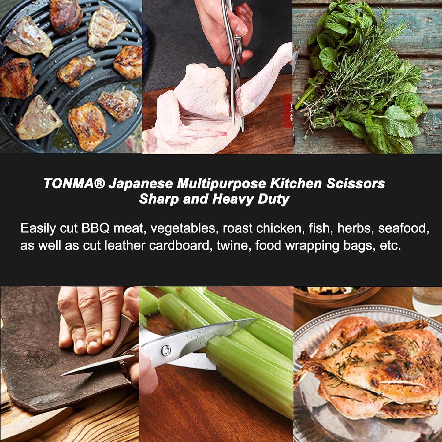 TONMA Kitchen Scissors All Purpose [Made in Japan] Japanese Kitchen Shears with Micro Serrated, Solid Stainless Steel Build Heavy Duty Cooking Scissors for Food, Mirror-Finished, Dishwasher Safe