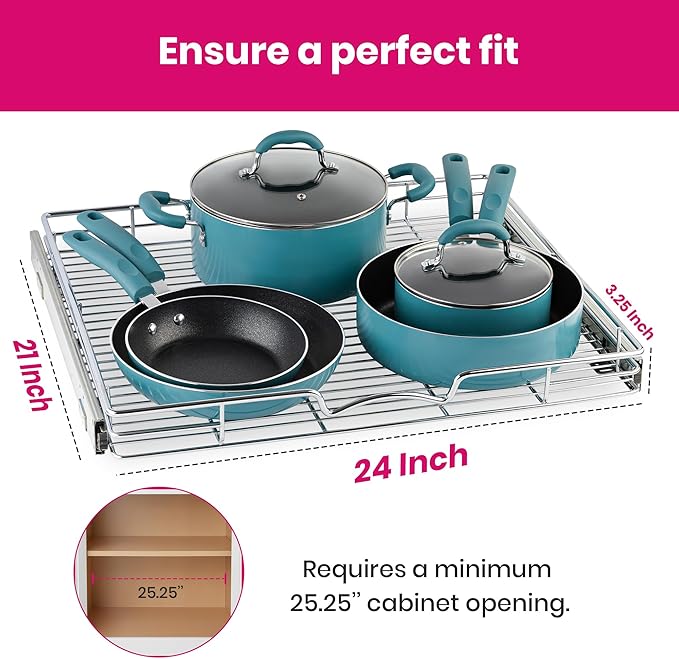 HOLDN’ STORAGE Pull Out Cabinet Organizer, Heavy Duty Caddy w/Lifetime Limited Warranty -24”W x 21”D - Requires At Least 25-1/4” Cabinet Opening, Steel Metal Cabinet Drawers Slide Out, Chrome