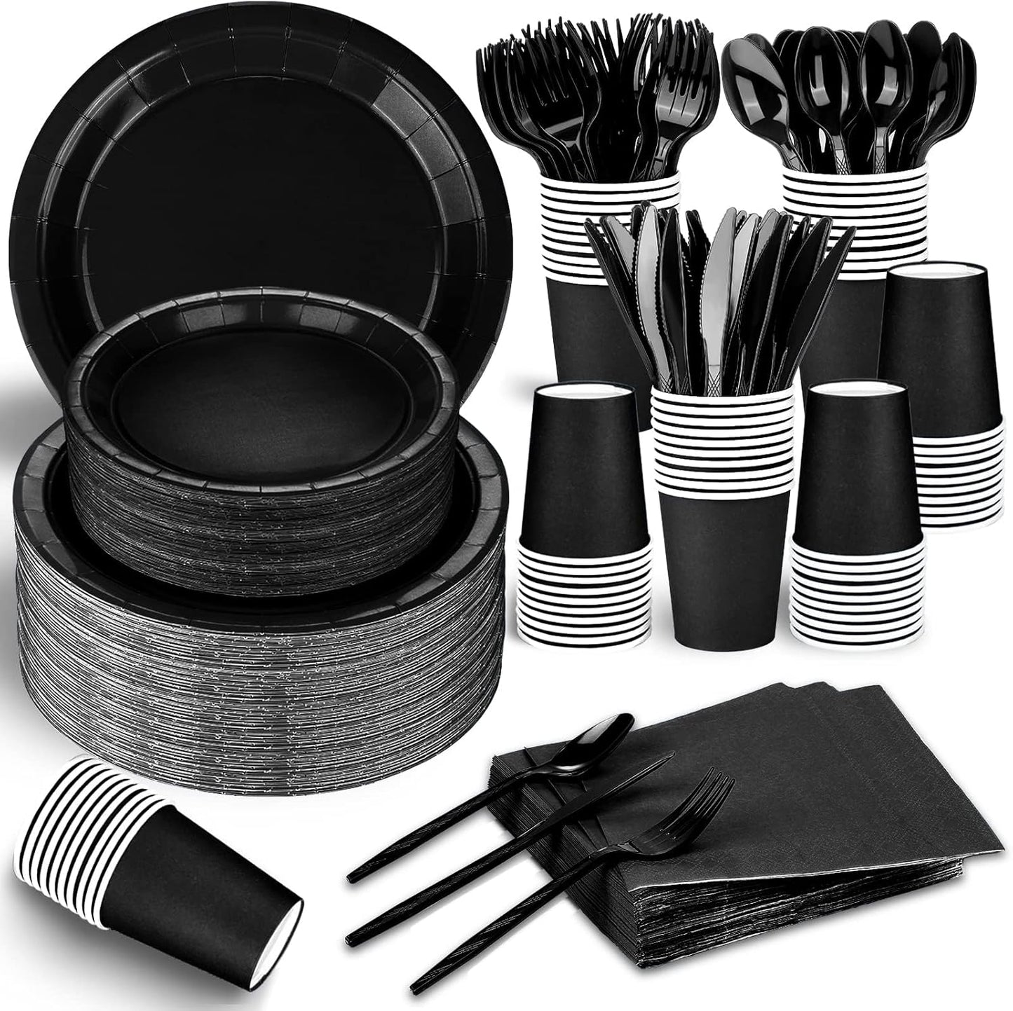 TWOWYHI 228PCS Black Party Supplies Set Include Paper Plates Cups Black Napkins Plastic Spoons Forks Knives for 30 Guests Disposable Party Dinnerware for Birthday Wedding Family Picnic