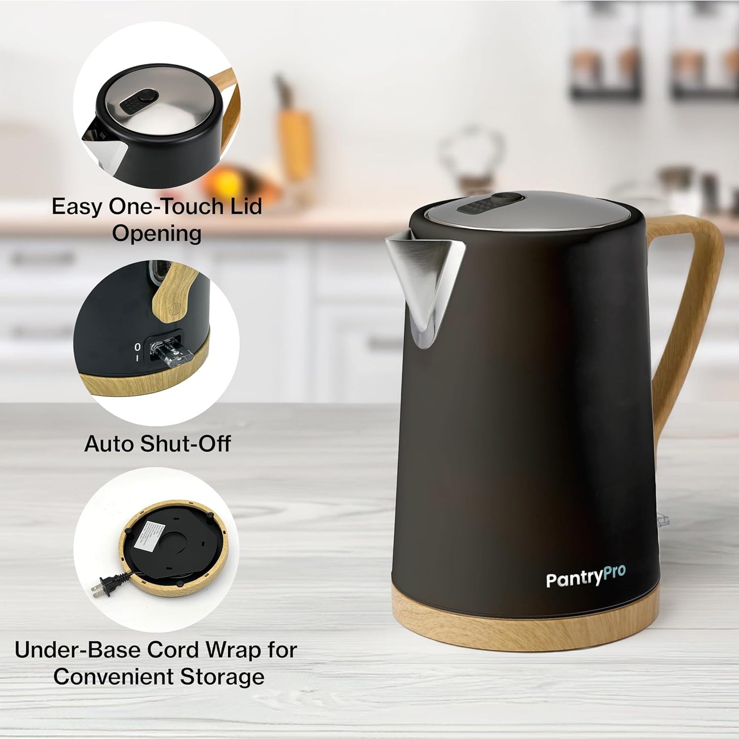 1.7L 1500W Wide Mouth Electric Kettle - Stainless Steel Interior - Rapid-Boil - Auto Shut-Off, Boil-Dry Protection, Cool-Touch, LED Indicator - Black by The Display Guys
