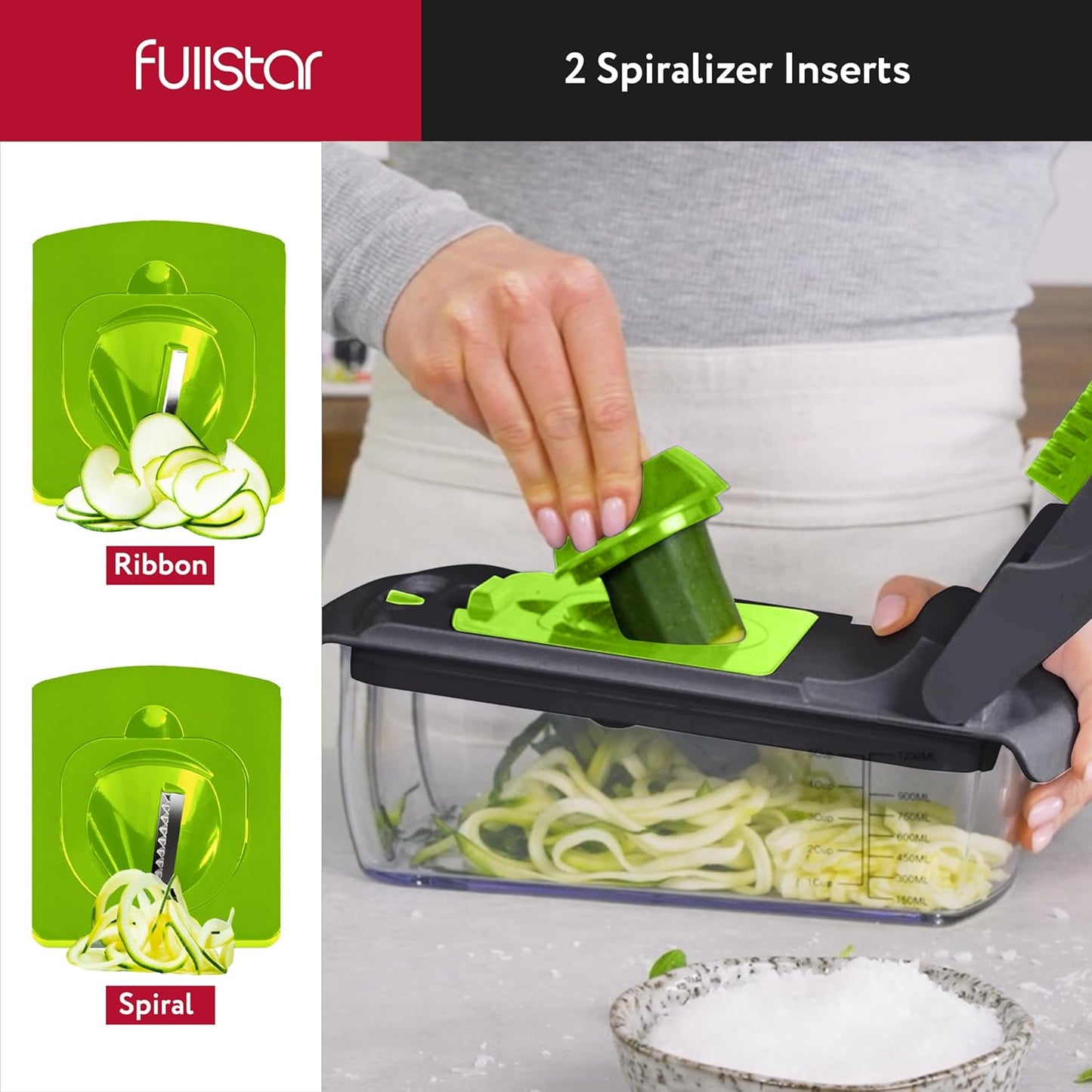 Fullstar The Original Pro Chopper - Vegetable Chopper and Spiralizer, Food Chopper with Container, Fruit Slicer, Kitchen Gadgets & Accessories, Home Essentials (8 in 1, Gray/Green)