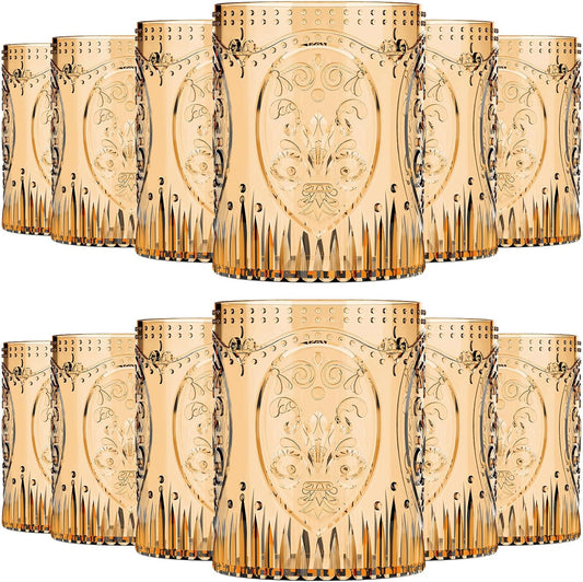 12 Plastic Vintage Drinking Glasses 8.5oz Stemless Retro Embossed Wine Glasses Shatterproof Reusable Cups for Baby Shower Wedding Reception Grand Event Party (Yellow)