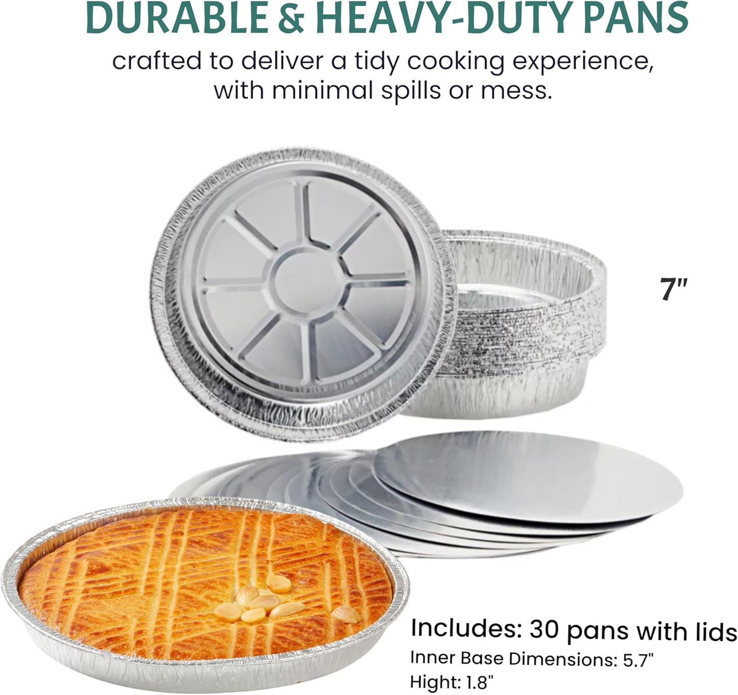 FUNSTITUTION Round Aluminum Pans with Lids (30 Pack) - 7 Inch Disposable Pie Pans - Round Aluminum Foil For Baking, Grilling, Cooking, Storing, Prepping - Pie Tins with Lids