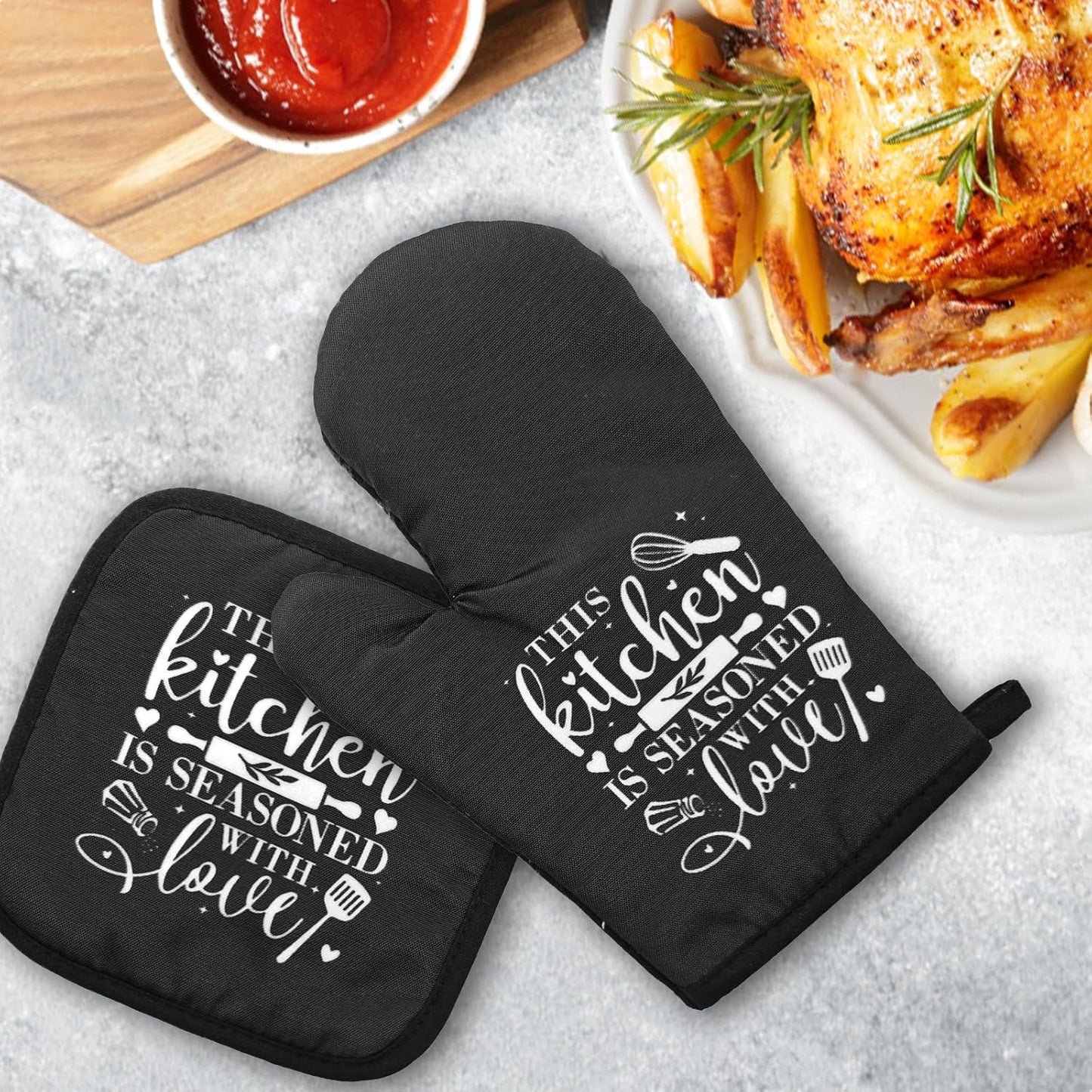 Funny Oven Mitts and Pot Holders Set with Sayings This Kitchen is Seasoned with Love Heat Resistant Mitts Silicone Non-Slip Oven Mitts Sweet Housewarming Gifts for Women Men Hostess Friend