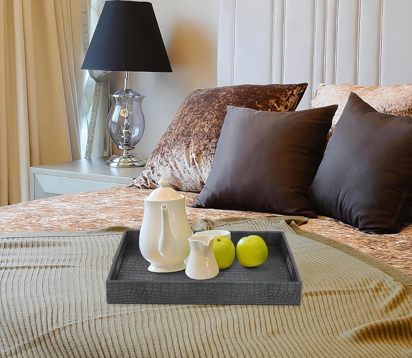 HofferRuffer Rectangle Serving Tray with Hole Handles for Coffee Table, Breakfast, Tea, Food, Butler - Countertop, Kitchen, Vanity Serve Tray, 16.2 x 12.2 x 2 inches, Faux Leather Tray (Dark Grey)