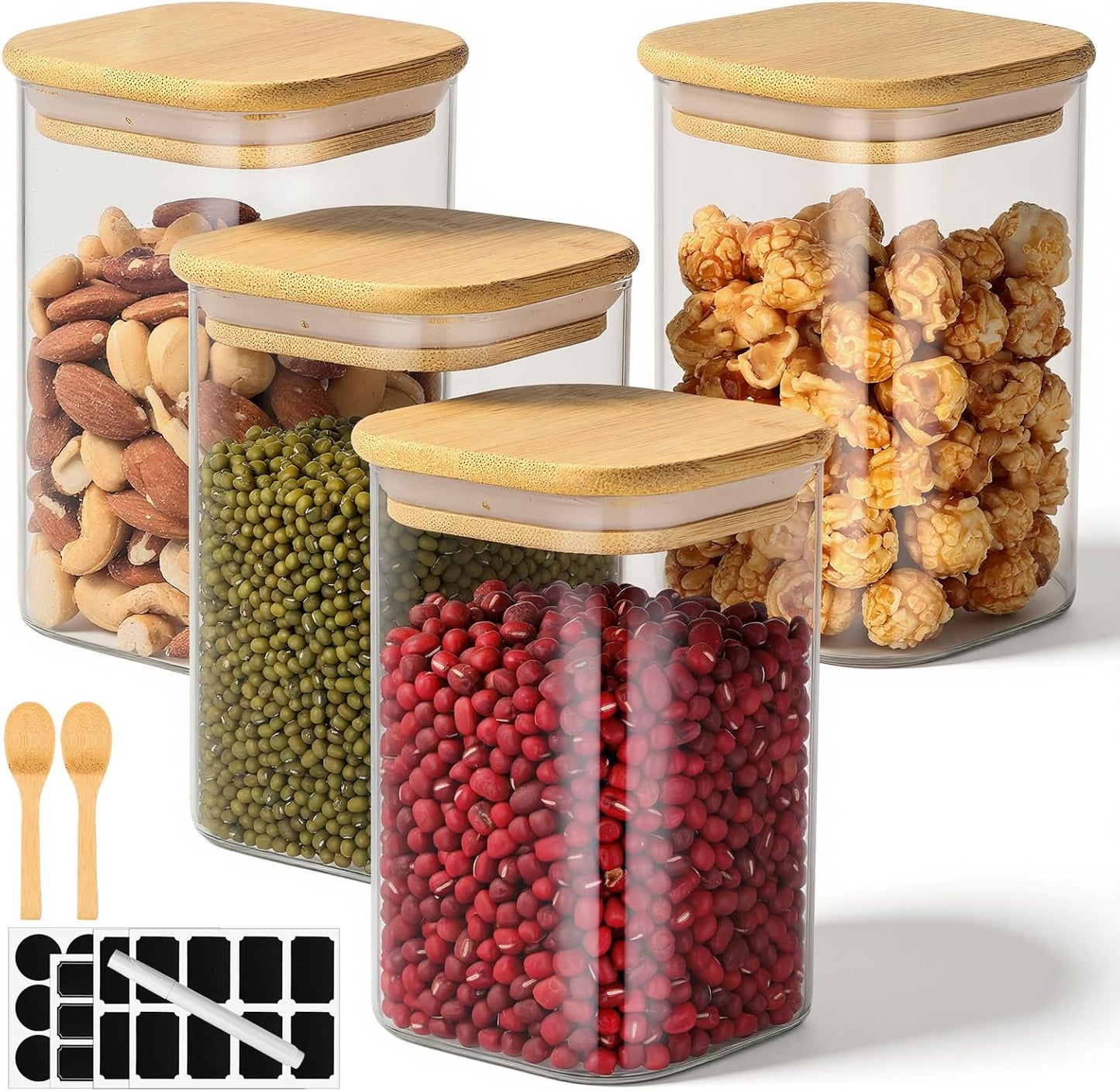 Glass Storage Jars with Lids, 19 Fl.oz Square Glass Jars with Bamboo Lids Set of 4, Clear Sugar Coffee Container Kitchen Canister for Tea, Candy, Flour,Nuts - Included Labels, Marker and Spoon