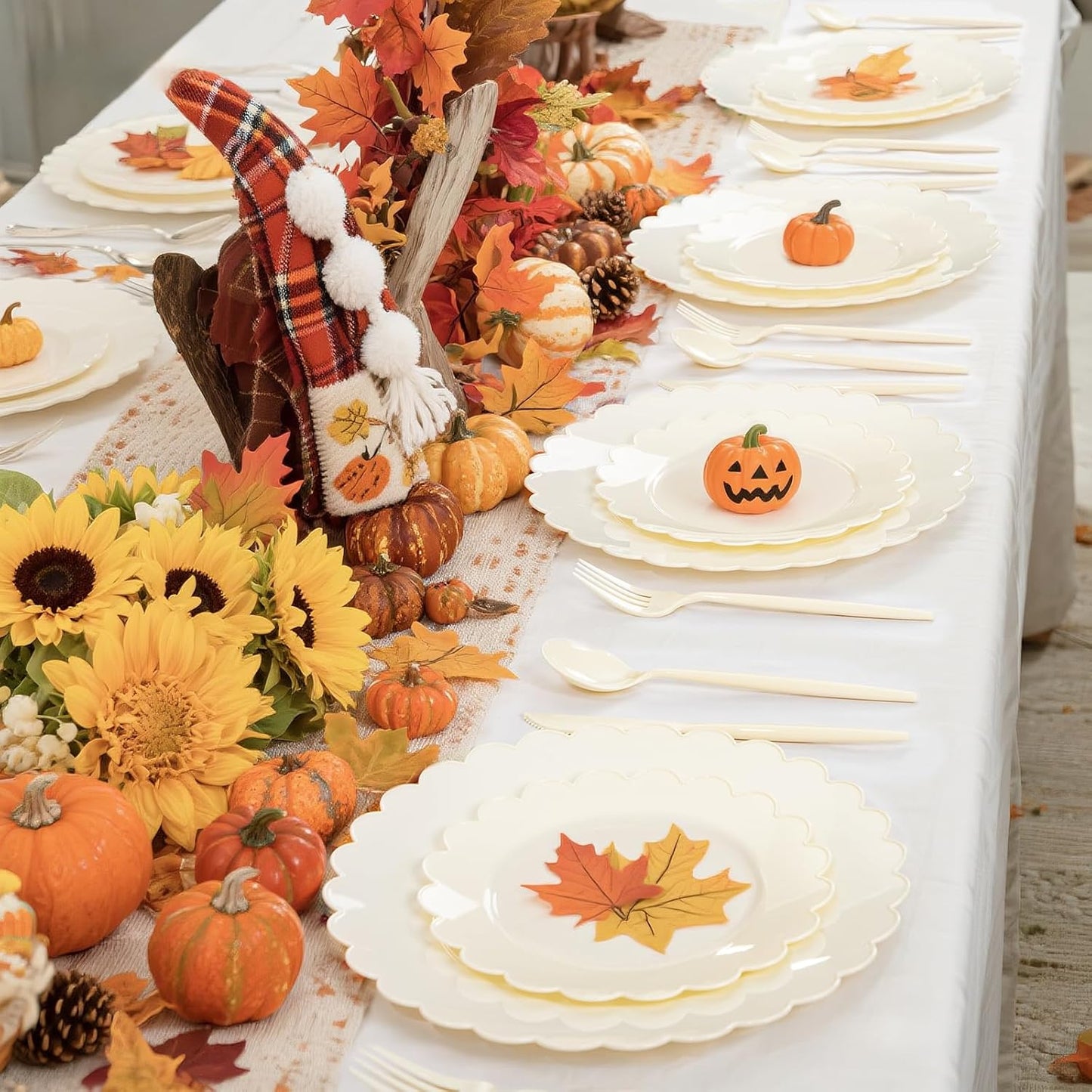 WONDERFUL 150 Pcs Ivory Plastic Plates for Party Disposable Heavy Duty Thanksgiving Plates Ivory Plastic Dinnerware Sets for 30 Guests - 60 Disposable Plate 90 Silverware Sets Scalloped Vintage Design