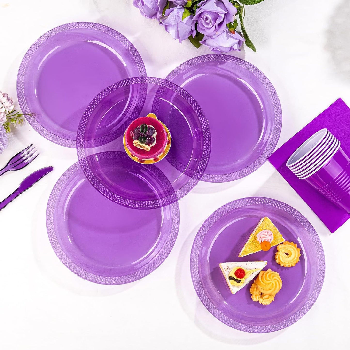 WELLIFE 210Pcs Purple Plastic Plates,Clear Purple Plastic Dinnerware Set,Party Supplies Including Clear Plates, 12OZ Cups, plastic Cutlery and Napkins Serve 30 Guests, Disposable Plates for Party