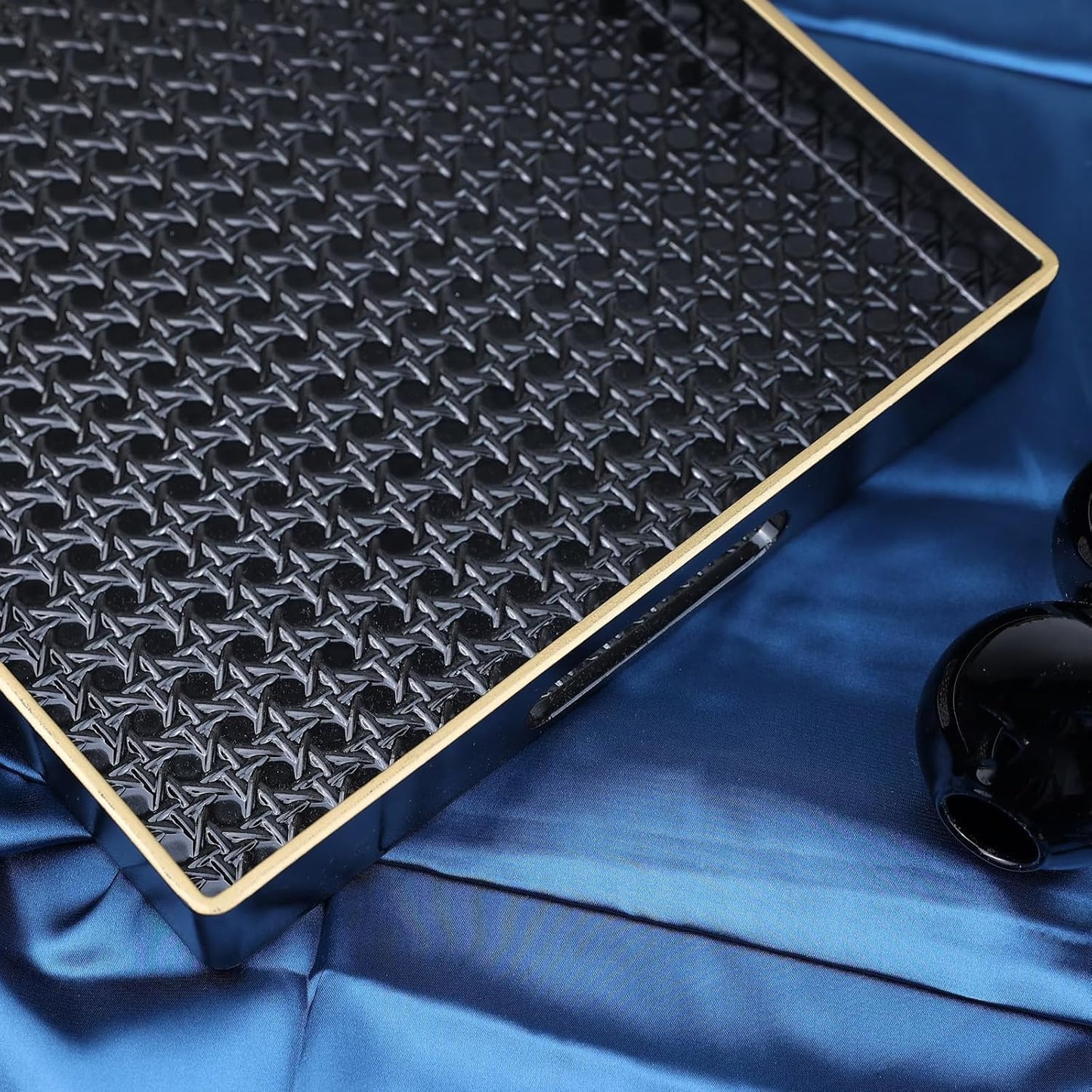 Black Decorative Coffee Table Tray, Rectangular Plastic Serving Tray with Handles for Living Room, Ottoman, Bathroom, 15.7"*10.2"