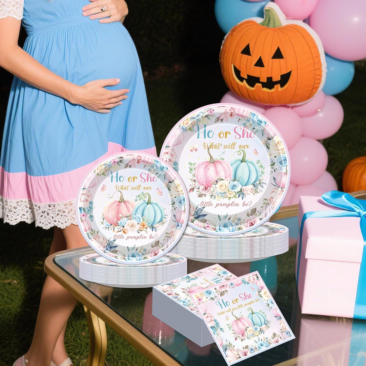 Fall Gender Reveal Decorations - 96 Pcs Pumpkin He or She Plates Napkins Forks Tableware Set, Pink Blue Paper Disposable Party Supplies Decor Kit for Baby Shower Boy or Girl Serve 24 Guests