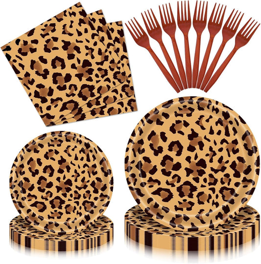 100 Pcs Leopard Print Tableware Party Supplies - Disposable Animal Print Dinnerware Set with Paper Plates, Napkins and Utensils for Safari Theme, Jungle Birthday - Serves 25