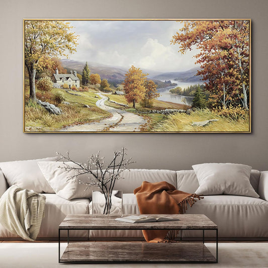 KLAKLA Landscape wall art - Autumn Rustic Field Burnt Orange Tree Landscape PictureC anvas Frame Artwork Farm Log Cabin Farm Wall Decor for Living Room Bedroom Office - 40x20 Inches