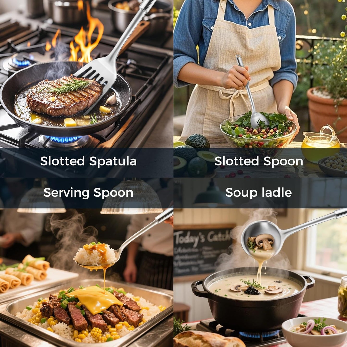 18/0 Stainless Steel Kitchen Cooking Utensil Set, Ergonomic Handle, Dishwasher Safe, Slotted Spoon, Ladle, Turner, Serving Spoon for Housewarming Daily Use Commercial, Pack of 4