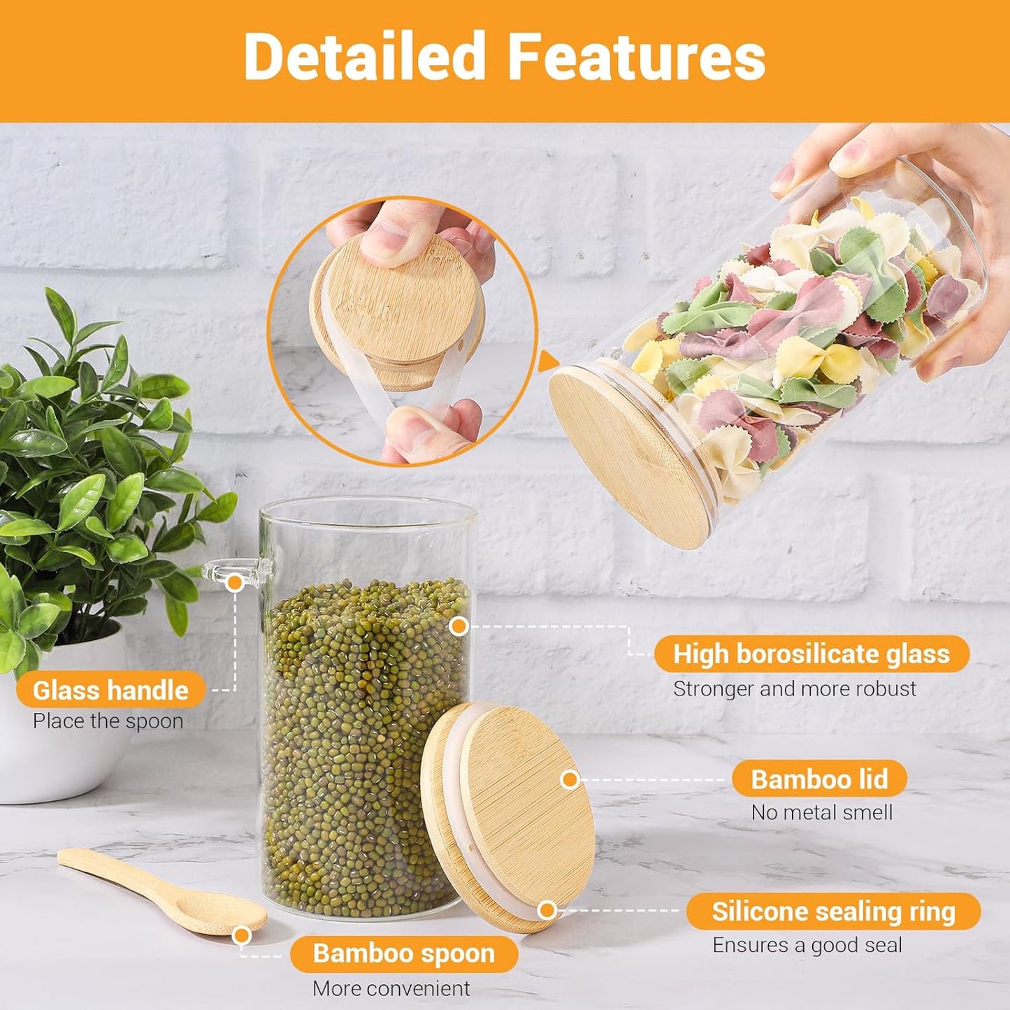 Glass Jars with Bamboo Lids and Spoon - 6 Pack 23 Fl.oz Glass Canisters Set with Airtight Lids, Labels and Marker, Loose Leaf Tea Jar Clear Pantry Storage Containers for Bean, Oats, Cereal