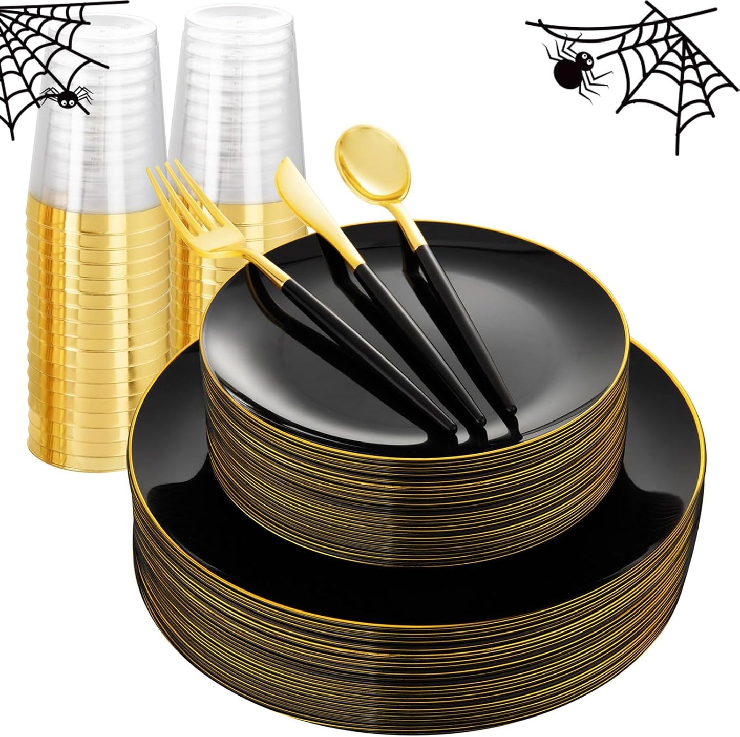 LIYH 180 Pcs Black Plastic Dinnerware Set with Gold Silverware,Halloween Plates, Black Plastic Plates Disposable, Heavyduty Gold Utensils Set for Parties,Halloween Happy New Year 30 Guests
