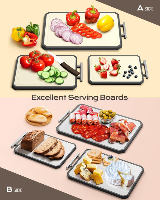 EXTRA LARGE Cutting Board,Double Sided Stainless Steel Cutting Boards Set for kitchen,Stainless Steel/Wheat straw pp Cutting Board for meat,Dishwasher Safe [20 * 13.8+16 * 11+12 * 8.3 Inch]