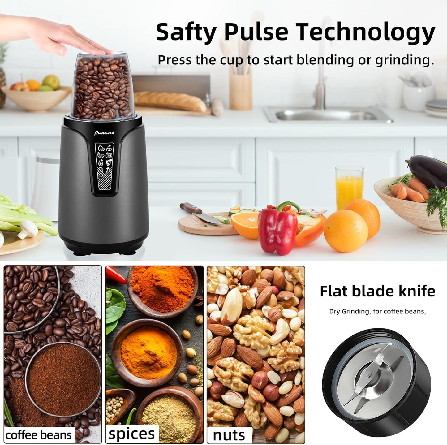 Panana Blender for Smoothies, 850W Portable Personal Blender and Grinder Combo with 2x20oz Portable Smoothie Cups with To-Go Lids 6.8oz Coffee Cup,Stainless Steel