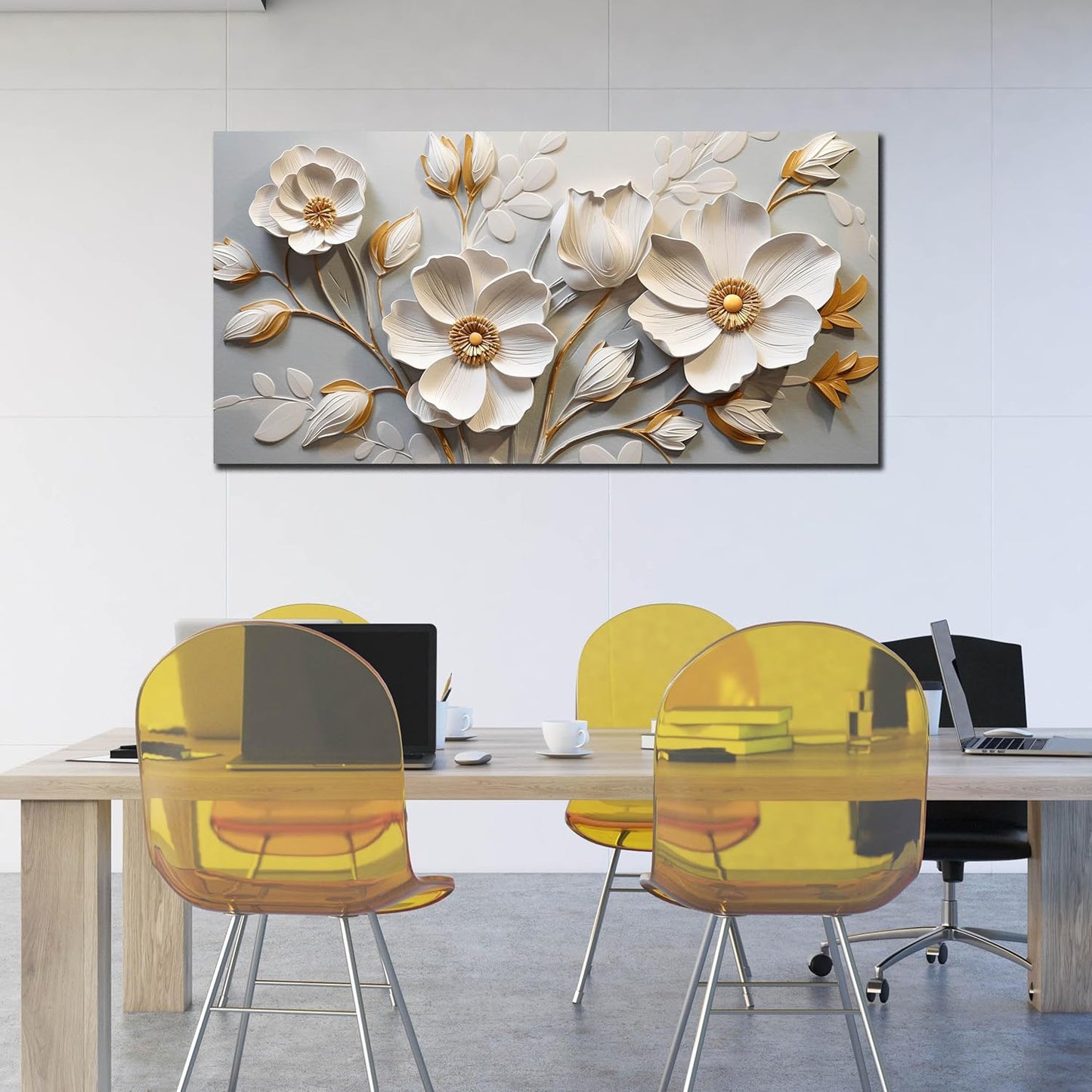 AOZEMI Floral Wall Decorations White Pictures Botanical Flower Canvas Gold Wall Art 29x59 Modern Big Artwork for Living Room Bedroom Office