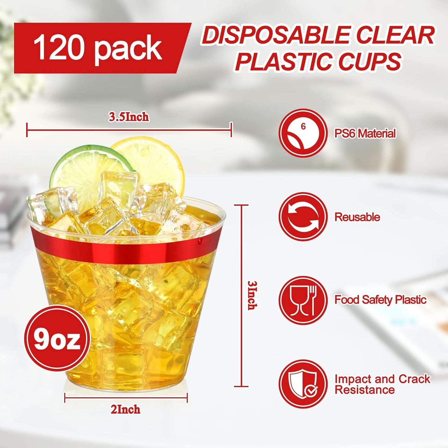 120 Pcs Red Plastic Cups,9Oz Red Rimmed Plastic Cups,Heavy Duty Clear Disposable Plasitc Cocktail Tumblers Wine Cup for Party,Wedding,Birthday,Christmas