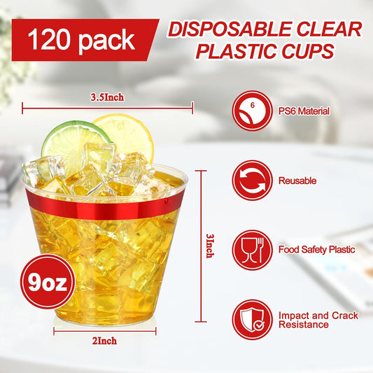 120 Pcs Red Plastic Cups,9Oz Red Rimmed Plastic Cups,Heavy Duty Clear Disposable Plasitc Cocktail Tumblers Wine Cup for Party,Wedding,Birthday,Christmas