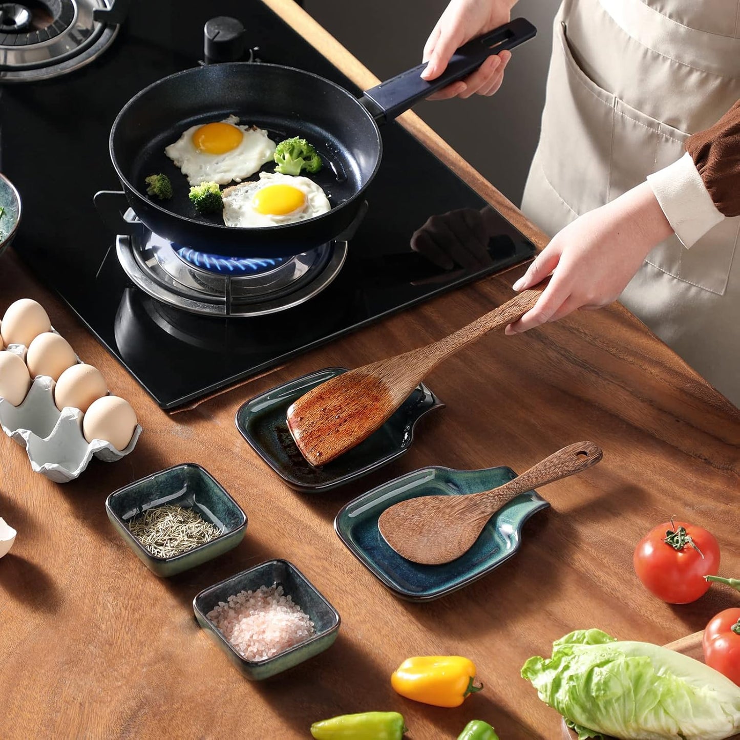 vancasso Stern Spoon Rest for Kitchen, Square Ceramic Spoon Holder for Stove Top, Heat Resistant Utensil Rest for Countertop, Dishwasher Safe, Kiln Green, 2 Pack