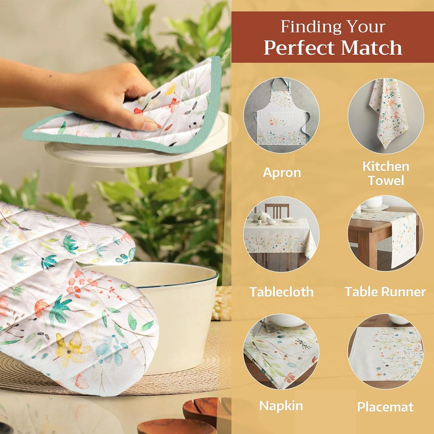 Maison d' Hermine 100% Cotton Oven Mitt & Pot Holder Set (7.5"x13" & 8"x8") Heat Resistant BBQ Cooking Gloves with Loop, Baking, Grilling, Kitchen, Handling Hot Pans Spring/Summer (Colmar)