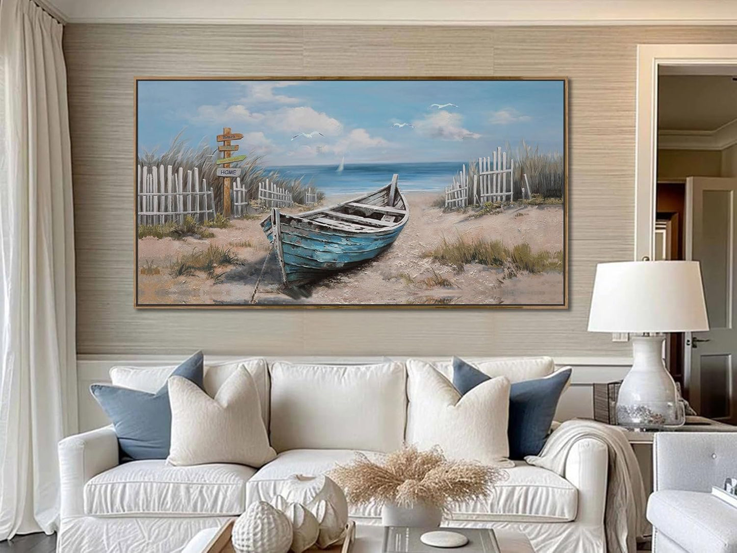 Ardemy Framed Canvas Wall Art Extra Large Boat Bedroom Pictures Wall Decor Living Room, Beach Seascape Paintings Wall Decor Textured Artwork for Kitchen Dining Room Home Office, 48"x24"