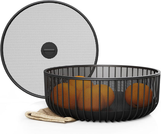 Metal Fruit Bowl with Mesh Lid and Basket - Fruit and Vegetable Holder For Kitchen Counter - Countertop Display Baskets Organizer - Bowl Storage for Veggie, Fruits, Snack, and Banana - Black