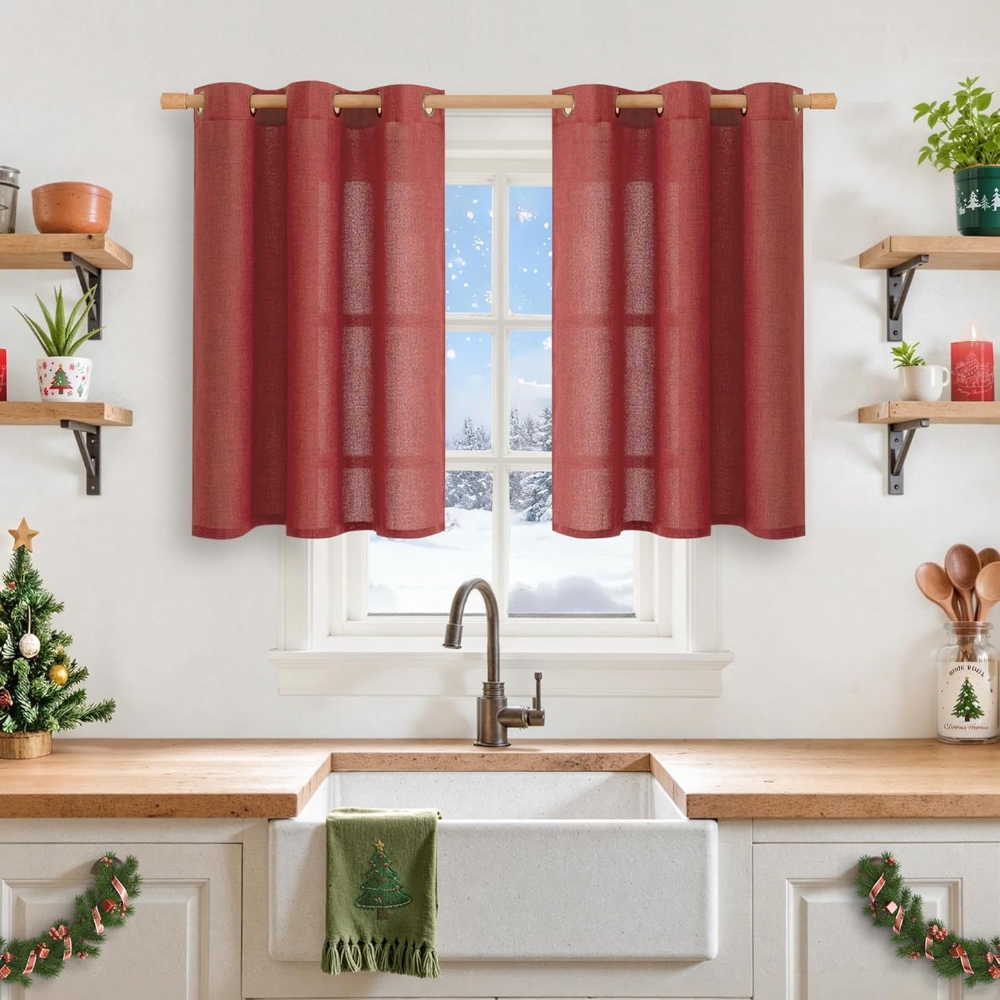 YoungsTex Red Linen Kitchen Curtains 36 Inch Length, Short Light Filtering Drapes Semi Sheer with Bronze Grommet Christmas Decor for Cafe Bathroom Window, 42 x 36 Inch, 2 Panels