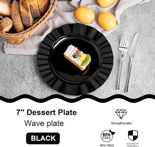 72 Pack Black Plastic Plates, 7" Disposable Wave Salad/Dessert Plates Elegant Heavy Duty Plate for Party, Wedding, Thanksgiving, Christmas