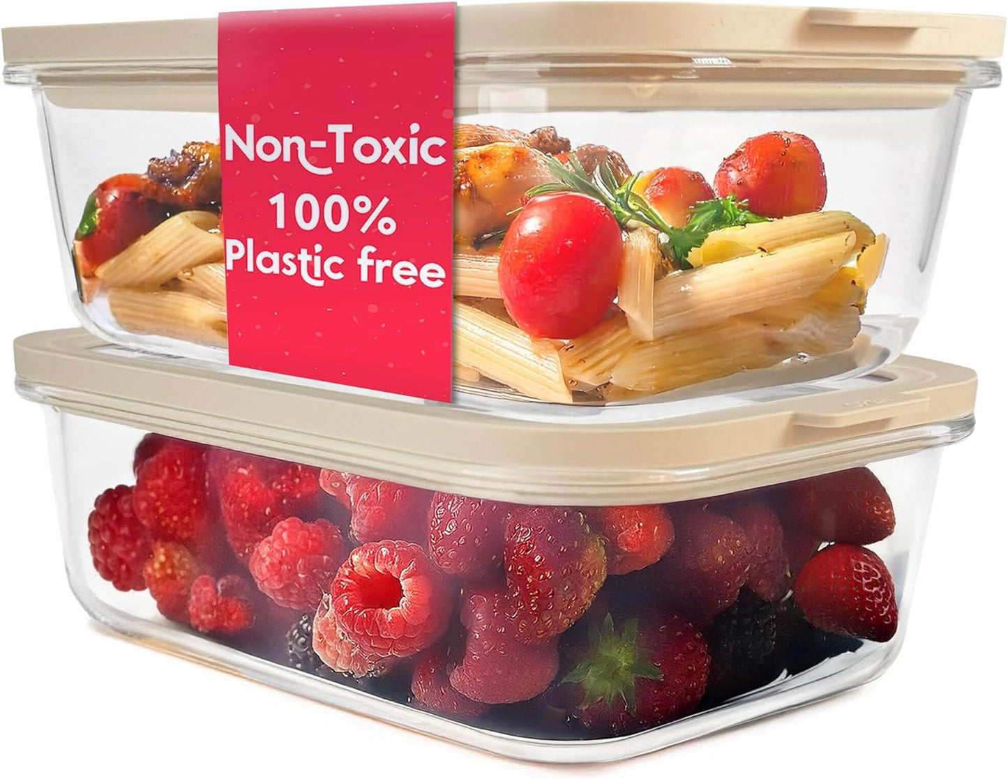 Ziruma Non-Toxic 6.2 Cup Glass Food Storage Containers with Lids, Large Food Containers, Plastic Free Meal Prep, Airtight Food Storage Container, Microwave and Freezer Safe, 2 Pack