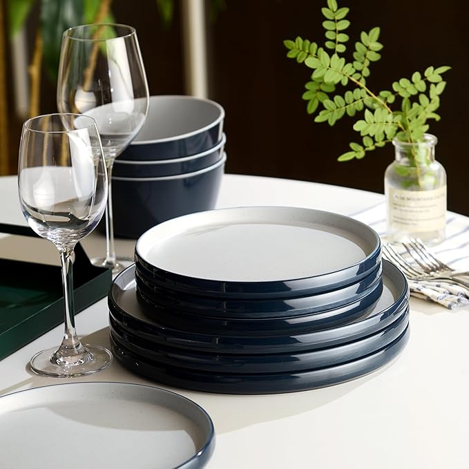 Melamine Dinnerware Sets,Plate and Bowl Set for 4,12 Pcs Dish Set with Lipped Edges,Lightweight and Reusable Dishware Sets for Camping,Dishwasher Safe,Good for Housewarming(Navy Blue,Gray)