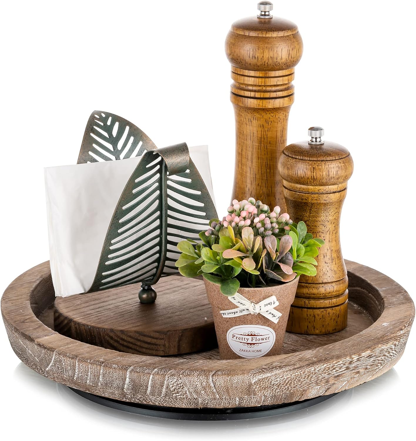 Turntable Rustic Wooden Serving Tray: Hanobe Round Wood Decorative Vintage Centerpiece Candle Holder Trays Farmhouse Ottoman Tray with Turn Table for Kitchen Countertop Coffee Table