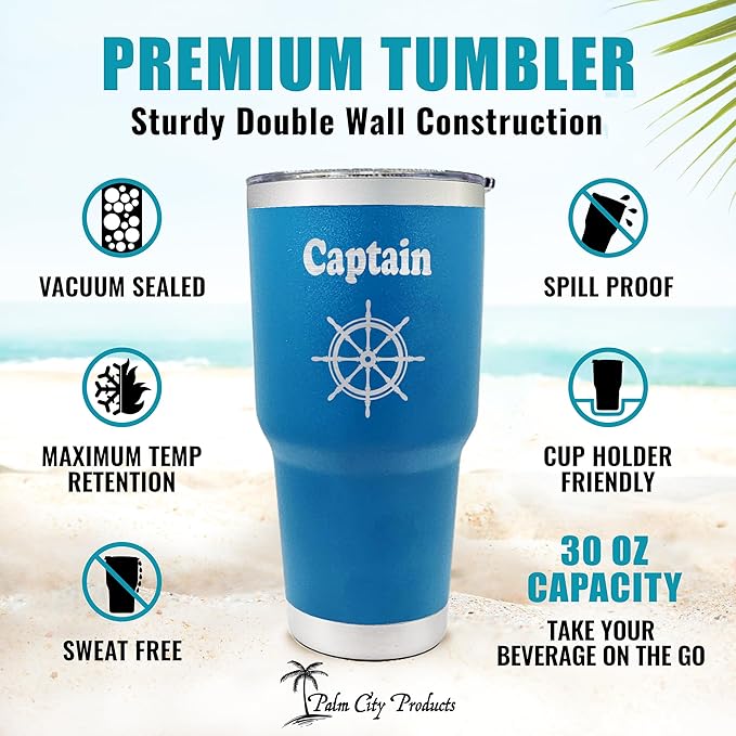 Palm City Products 30 oz Captain Tumbler – Nautical Stainless Steel Engraved Coffee Cup – Boating Travel Mug for Yacht Captains, Fishing, and Offshore Lifestyle – Vacuum Insulated Marine Drinkware